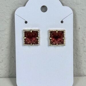Gold Tone Filagree Backed Square Dusty Pink Rhinestone Earrings